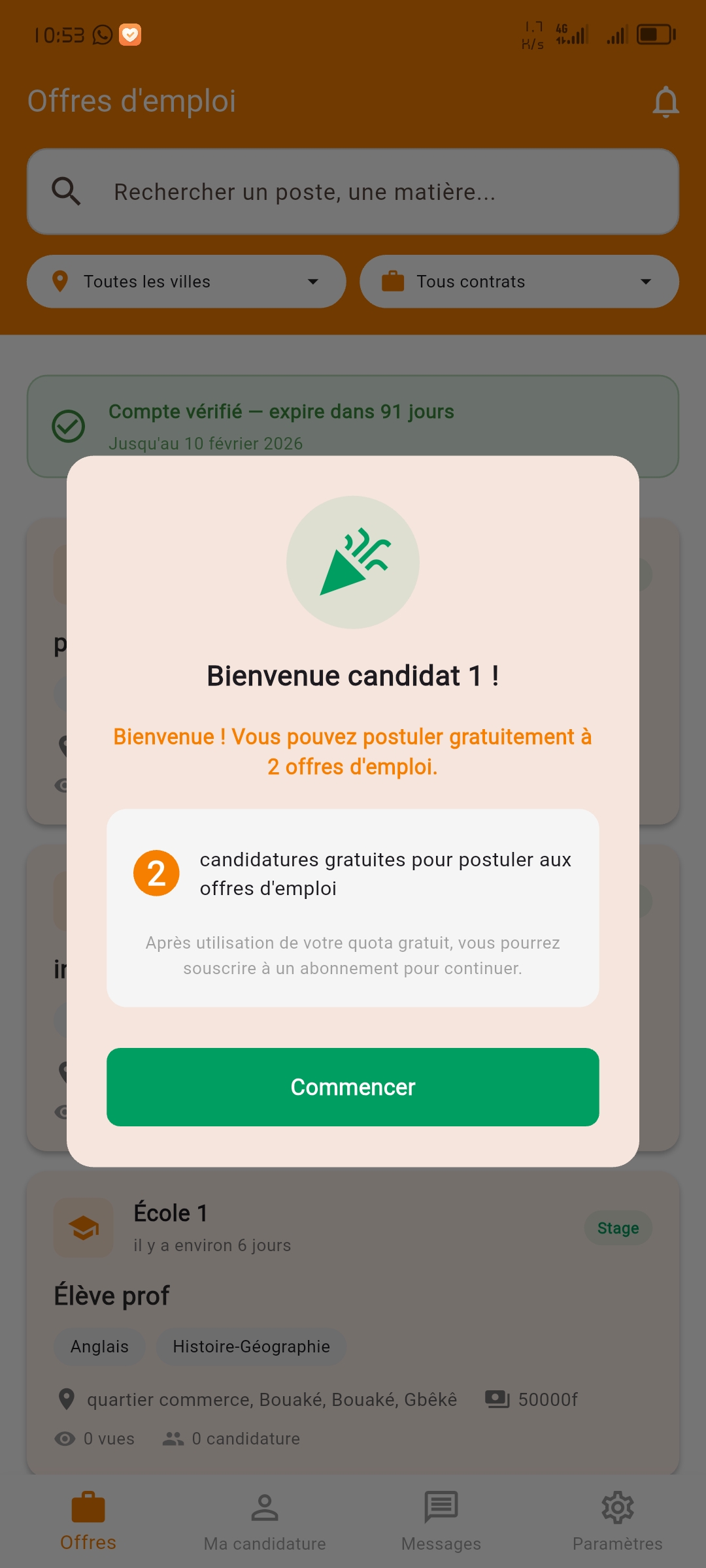 Écran d'accueil candidat