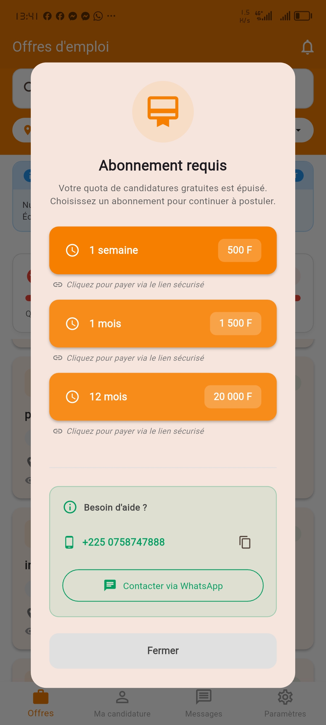 Choix d'abonnement candidat