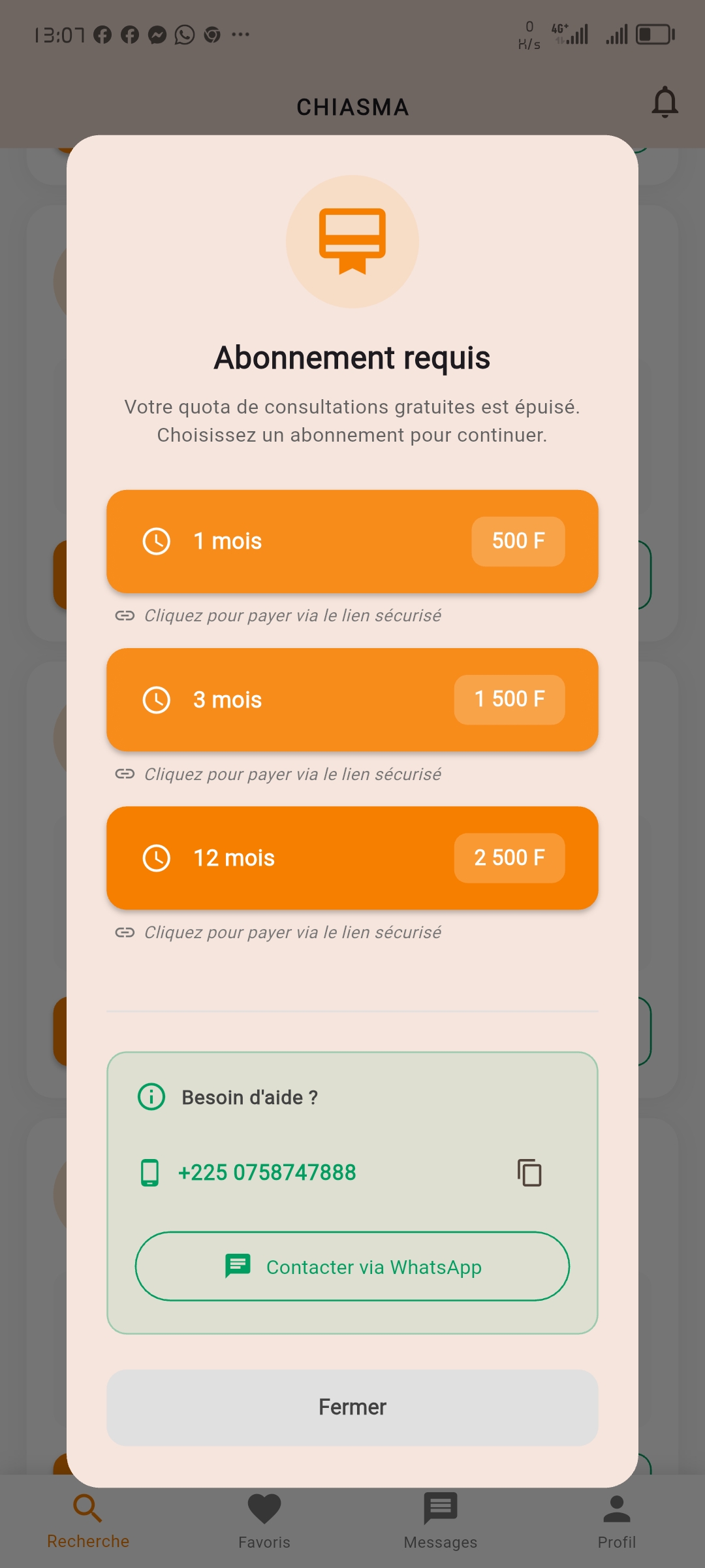 Écran de choix d'abonnement
